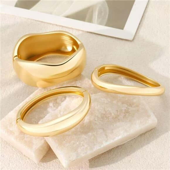 3 Pcs Chunky Gold Bangles for Women | Adjustable Spring-Loaded Bracelet Set. - Picture 5 of 6